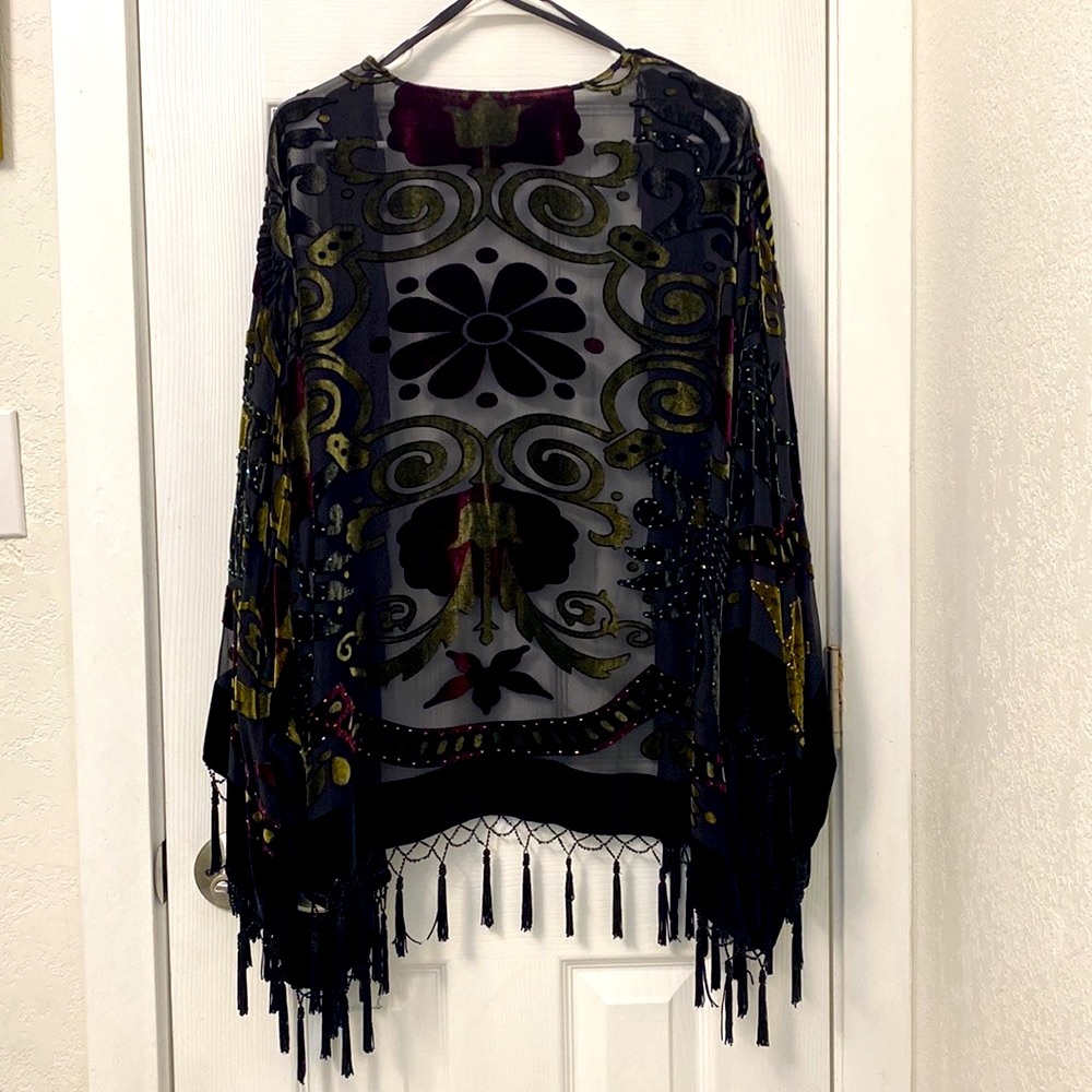 Vintage Burnout Velvet Kimono-Style Top with Beaded Edge One Size